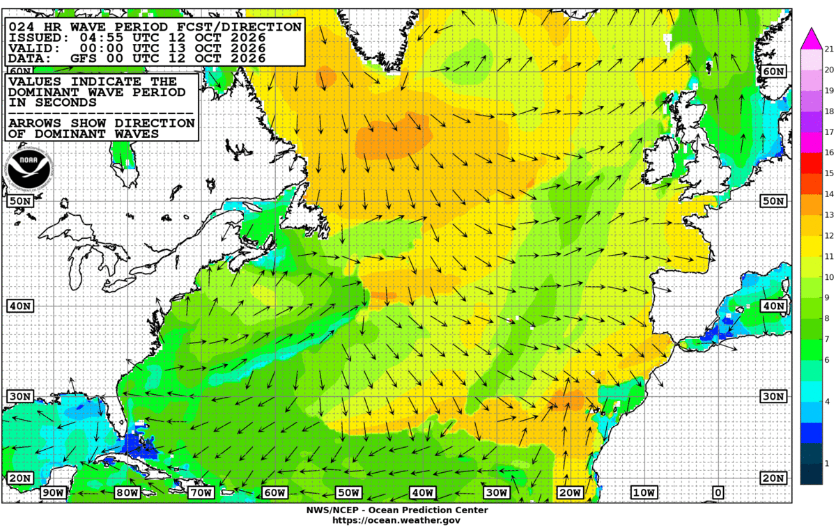 North Atlantic 24 Hour Wave Period Forecast