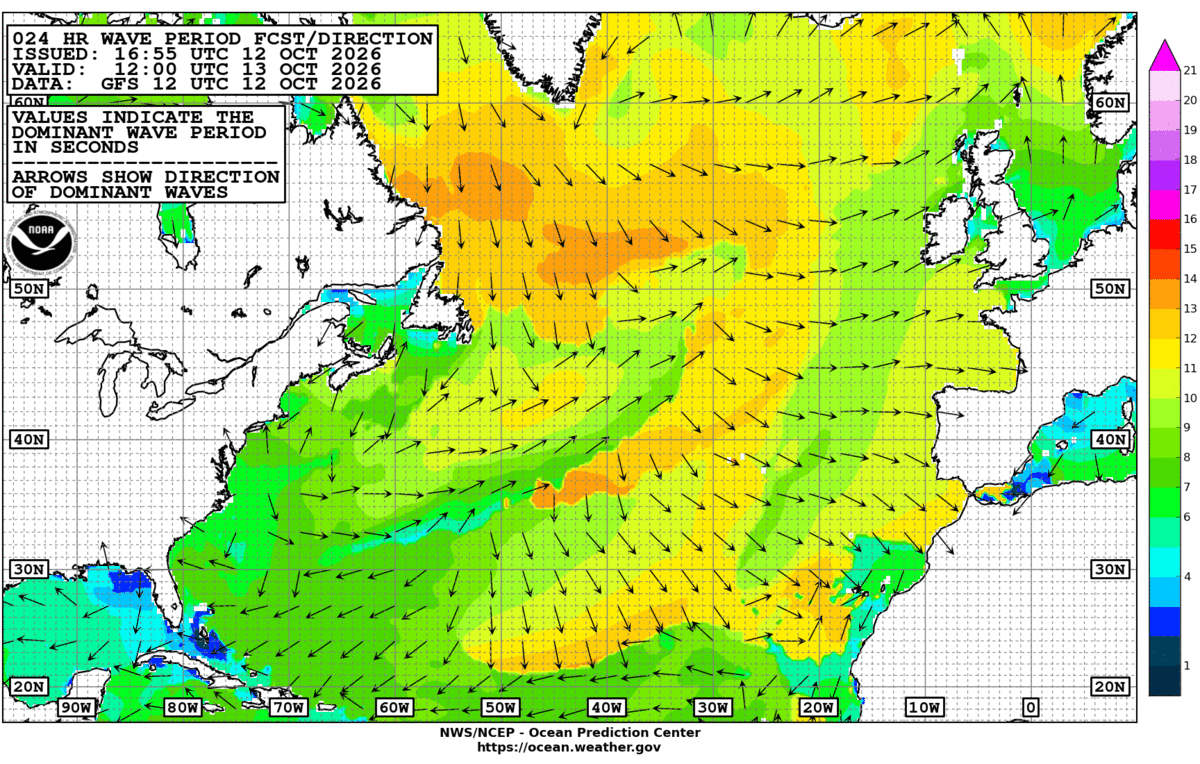 North Atlantic 24 Hour Wave Period Forecast