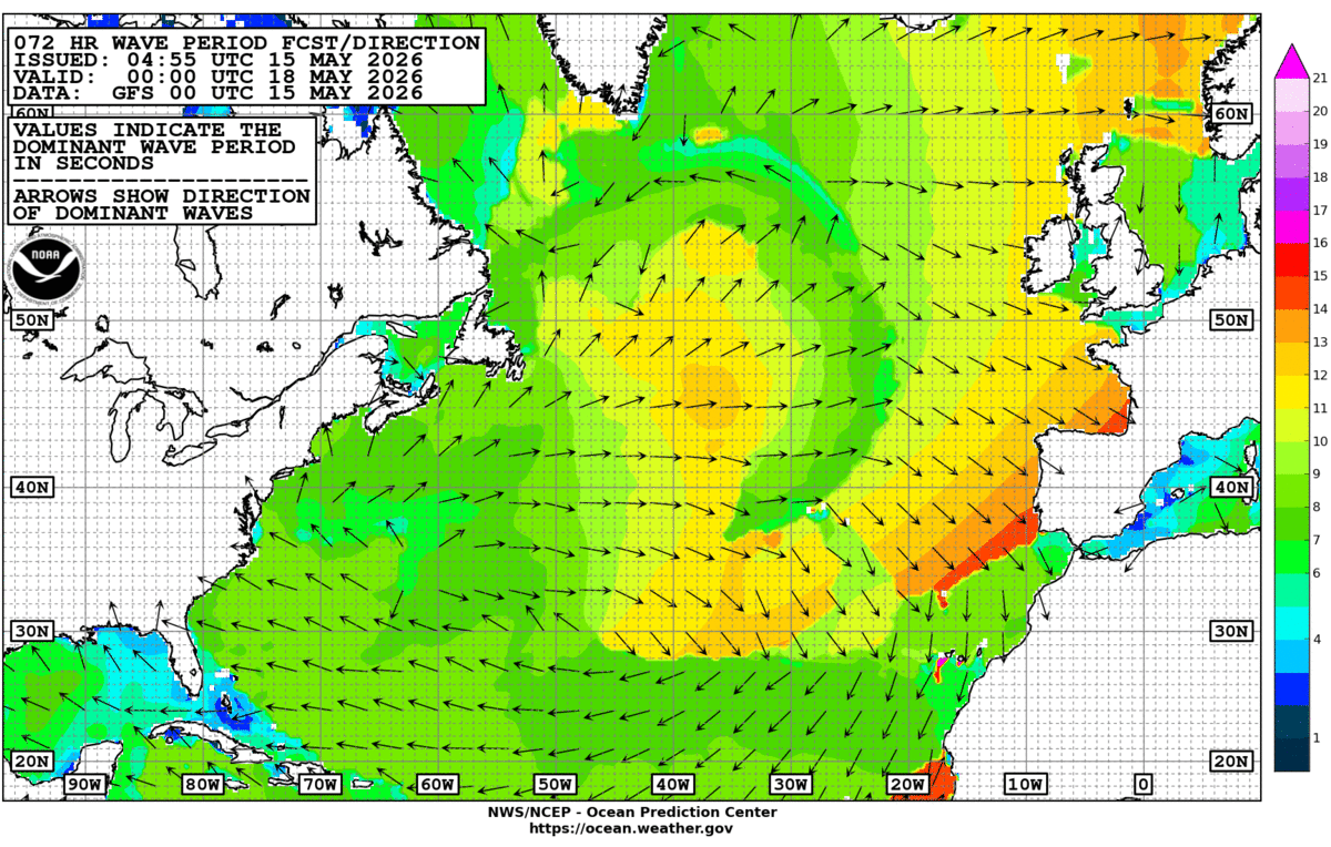 North Atlantic 72 Hour Wave Period Forecast