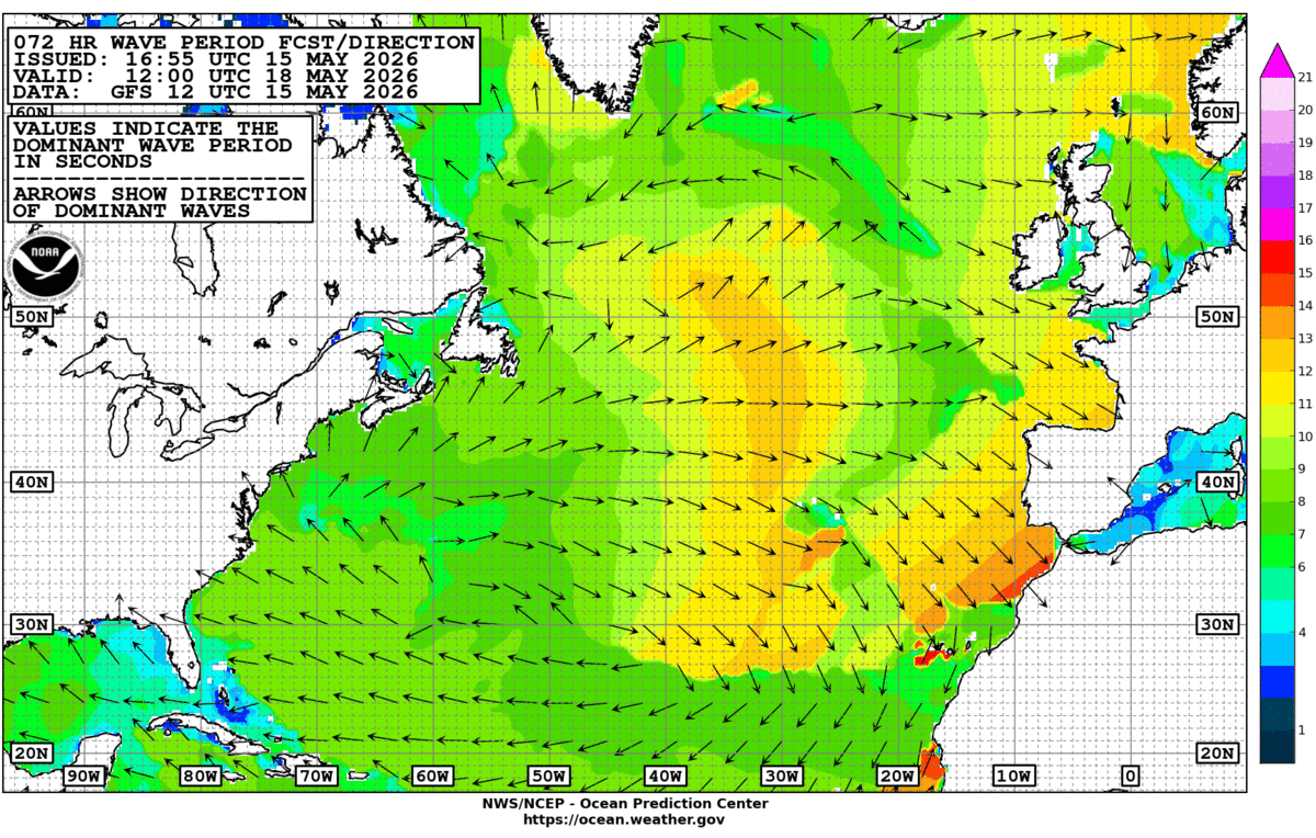 North Atlantic 72 Hour Wave Period Forecast