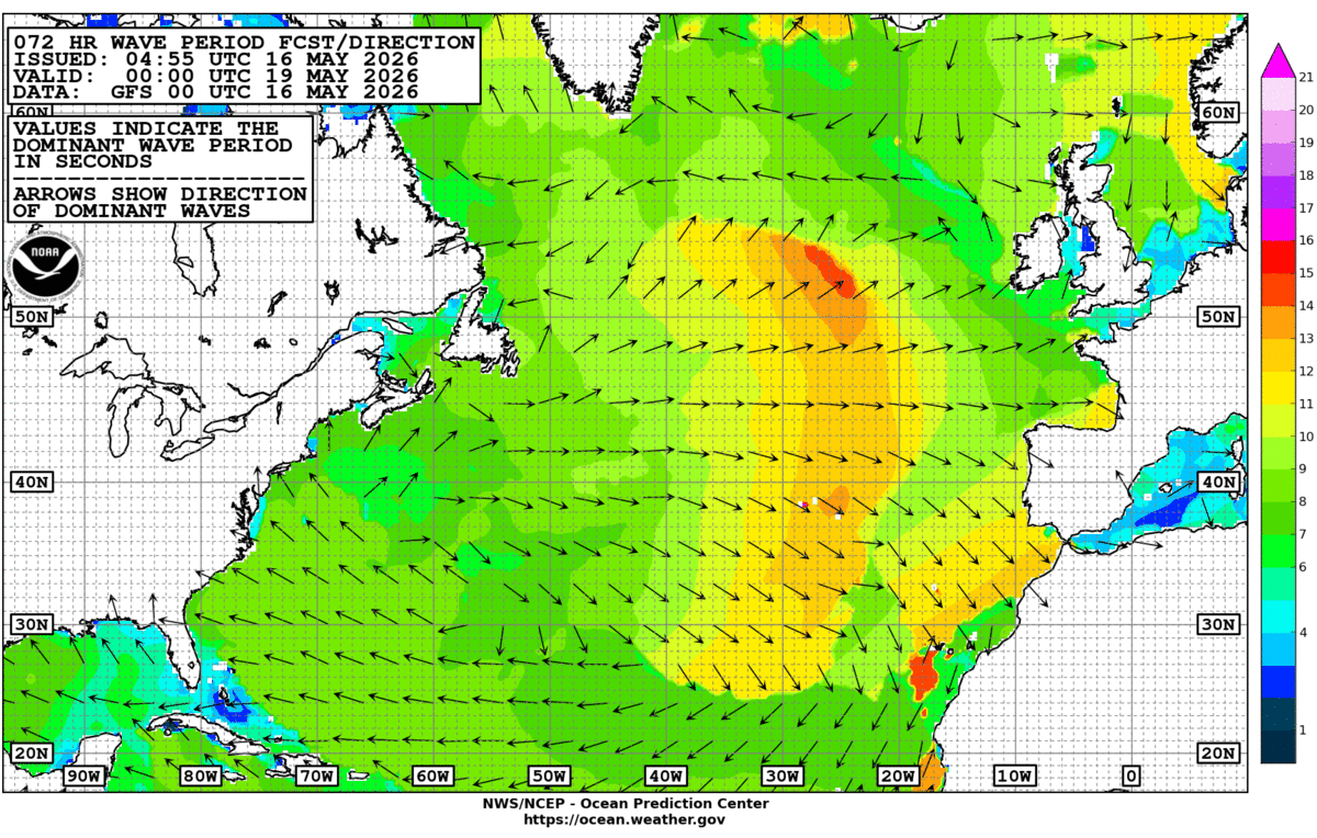 North Atlantic 72 Hour Wave Period Forecast