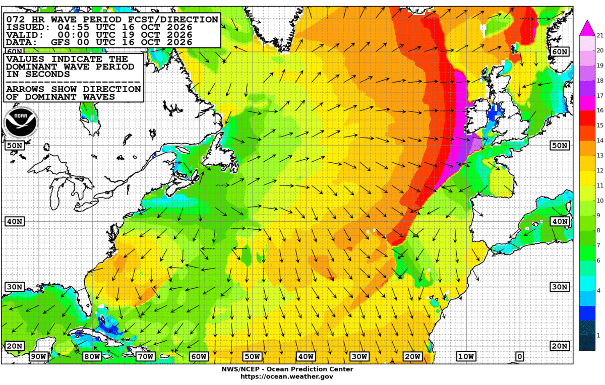 North Atlantic 72 Hour Wave Period Forecast