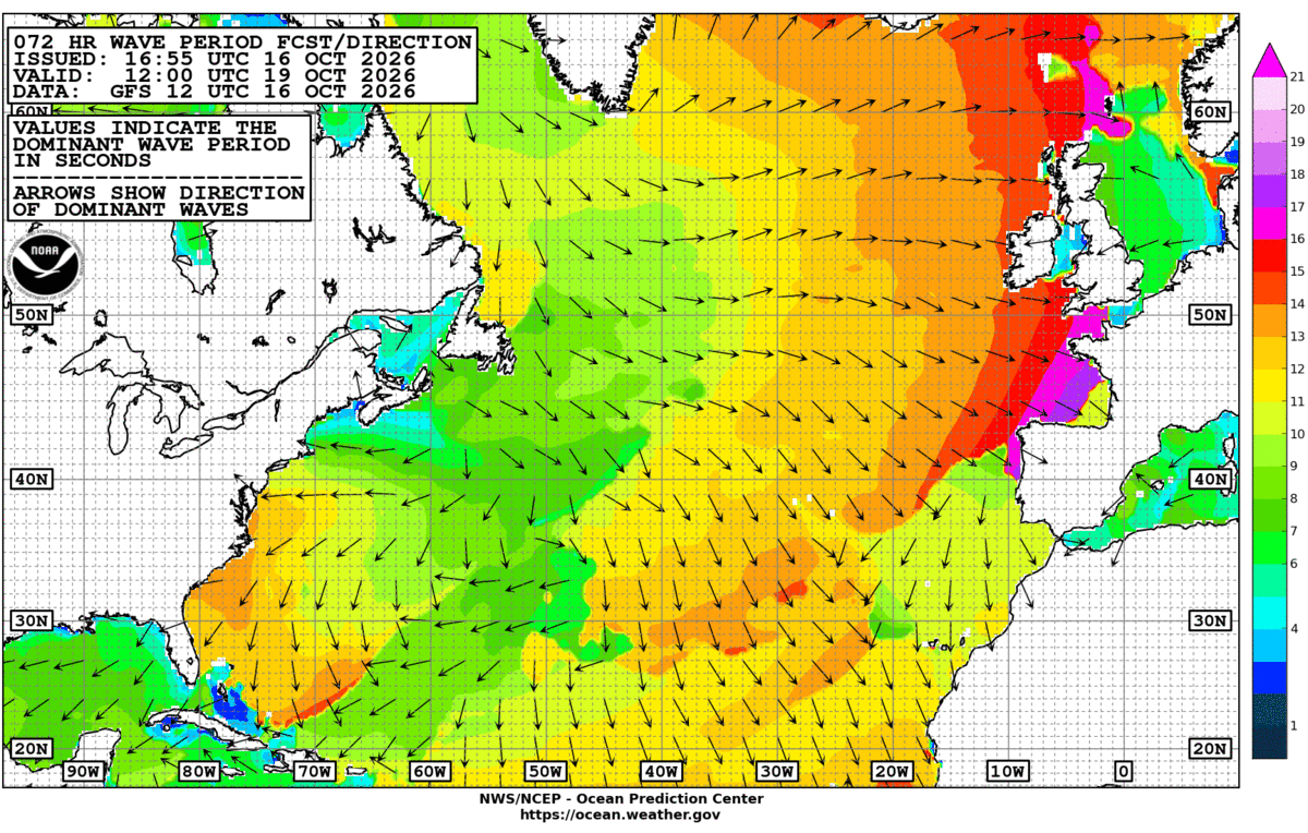 North Atlantic 72 Hour Wave Period Forecast