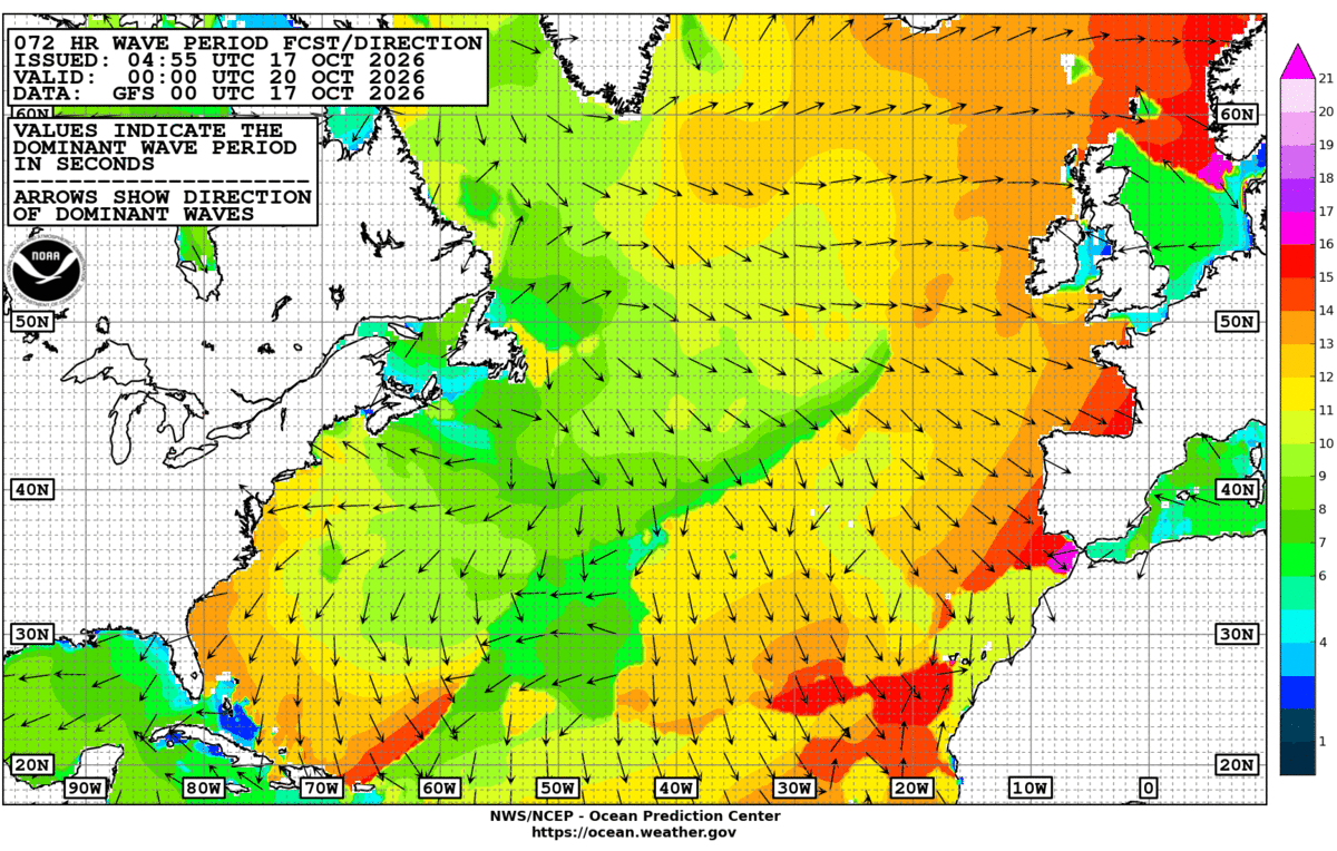 North Atlantic 72 Hour Wave Period Forecast