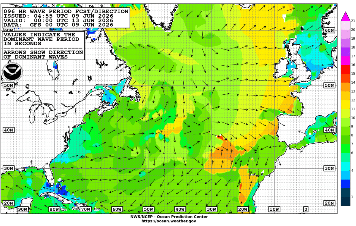 North Atlantic 96 Hour Wave Period Forecast