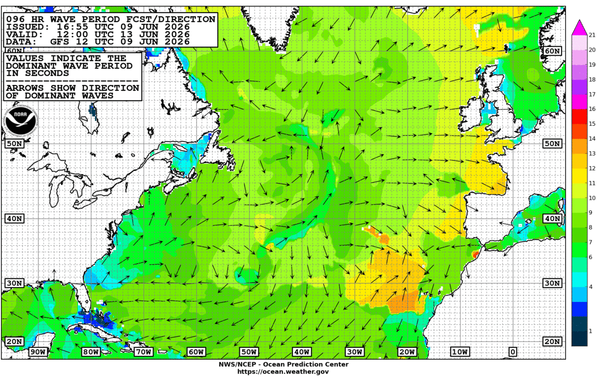 North Atlantic 96 Hour Wave Period Forecast