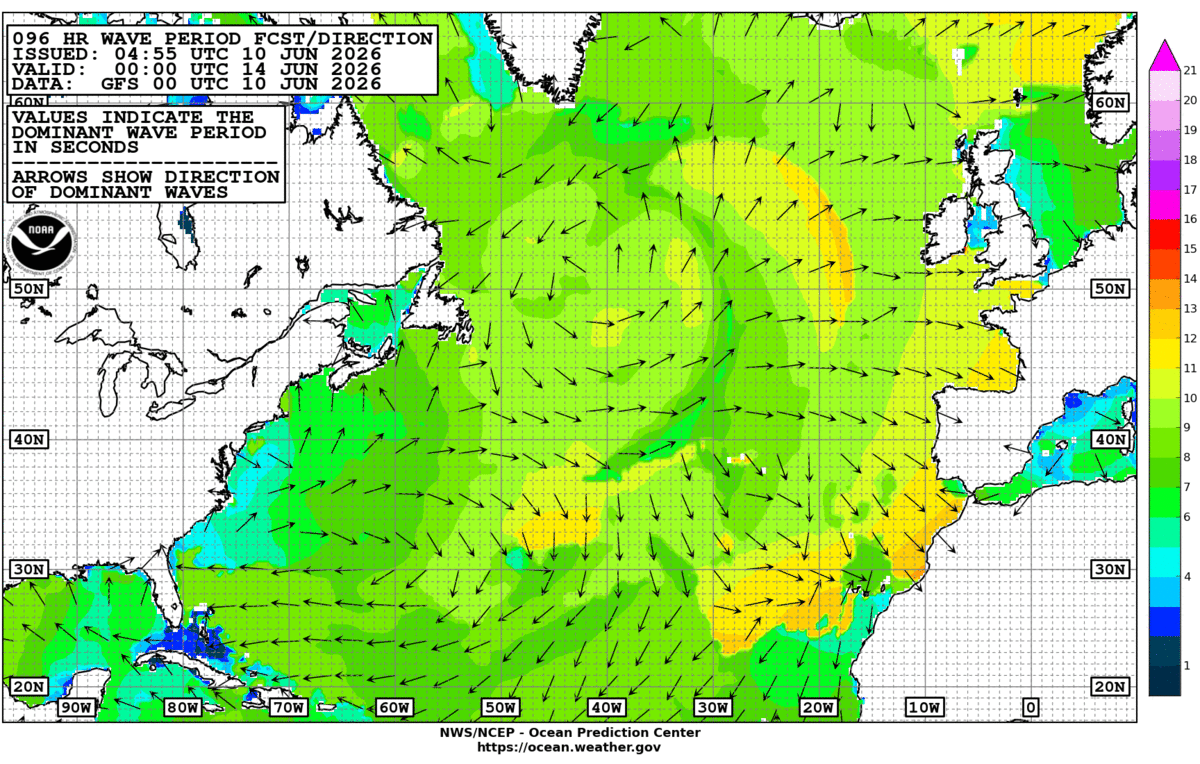 North Atlantic 96 Hour Wave Period Forecast