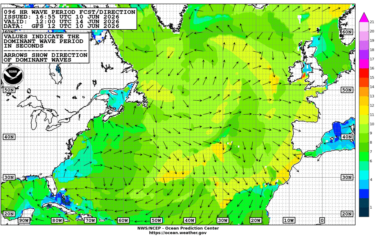 North Atlantic 96 Hour Wave Period Forecast