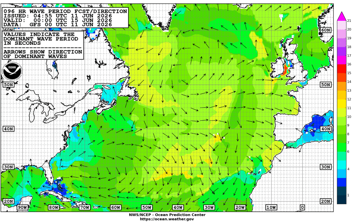 North Atlantic 96 Hour Wave Period Forecast