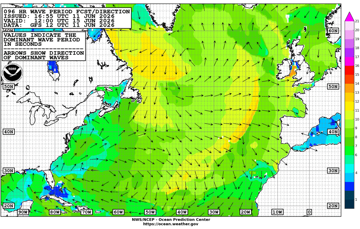 North Atlantic 96 Hour Wave Period Forecast
