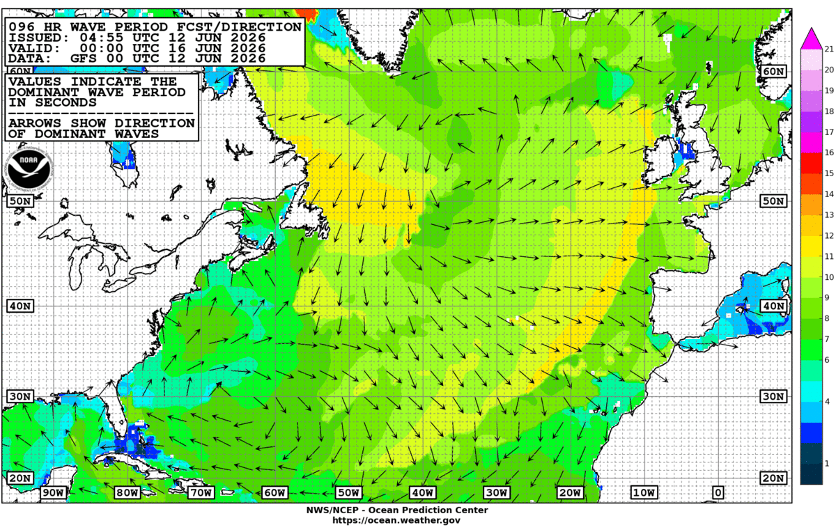 North Atlantic 96 Hour Wave Period Forecast
