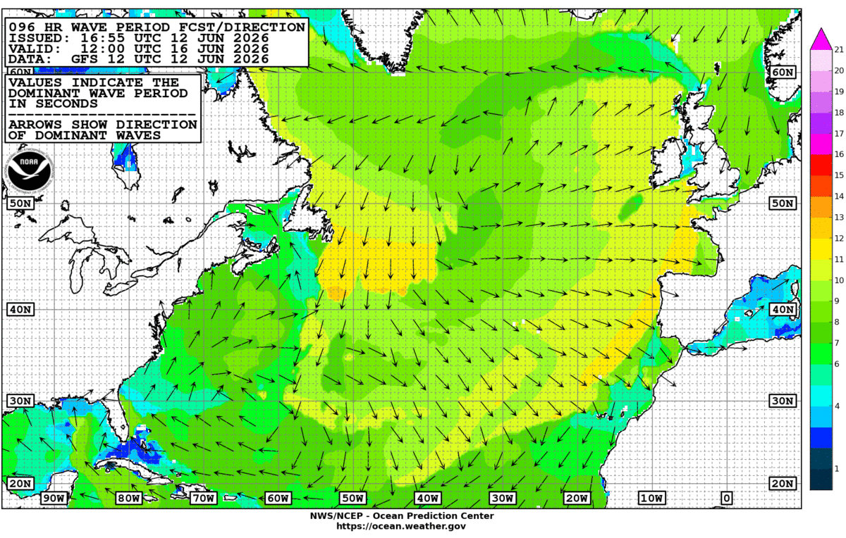North Atlantic 96 Hour Wave Period Forecast
