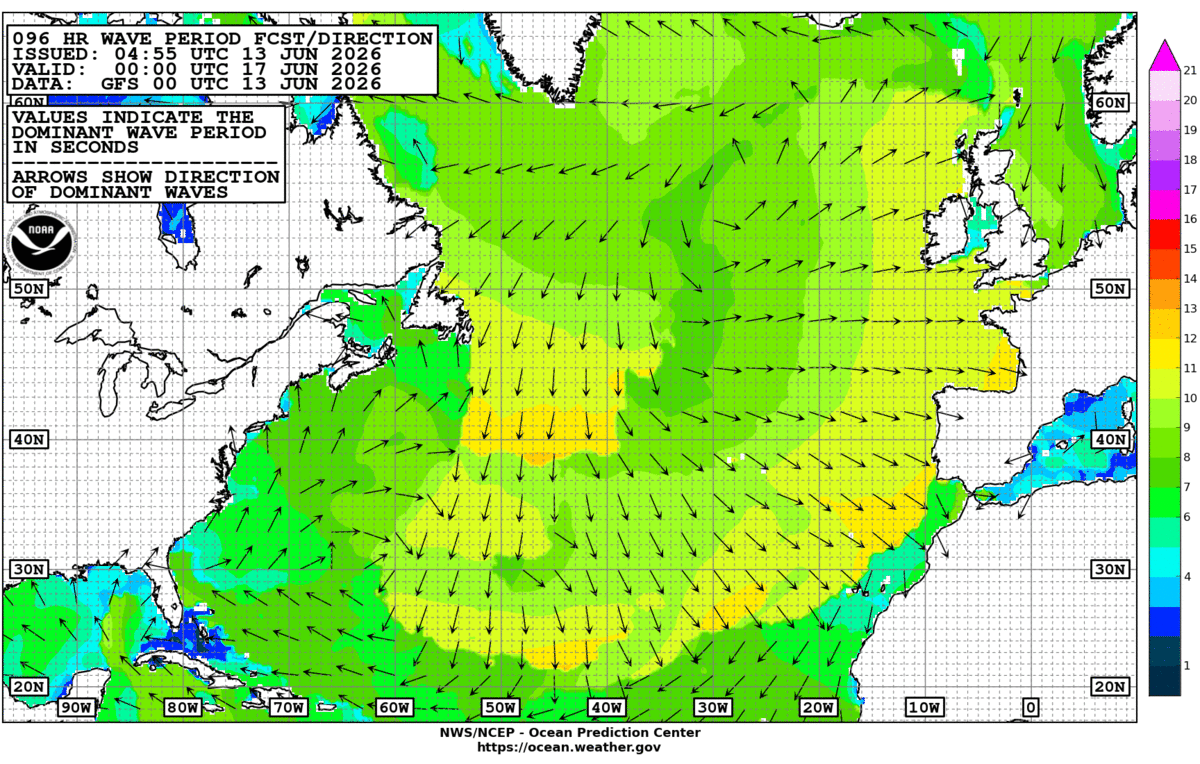 North Atlantic 96 Hour Wave Period Forecast
