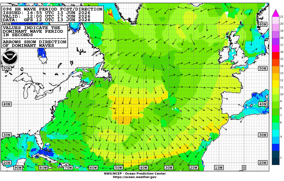 North Atlantic 96 Hour Wave Period Forecast