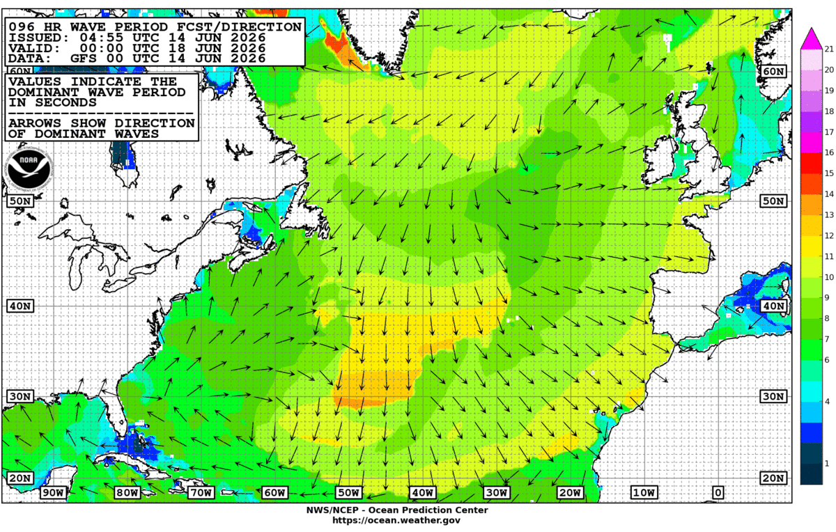 North Atlantic 96 Hour Wave Period Forecast