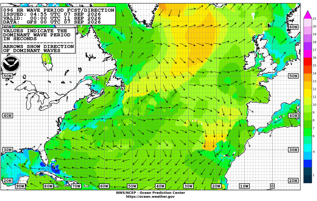 North Atlantic 96 Hour Wave Period Forecast