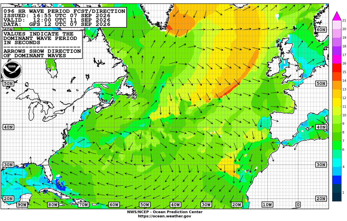 North Atlantic 96 Hour Wave Period Forecast