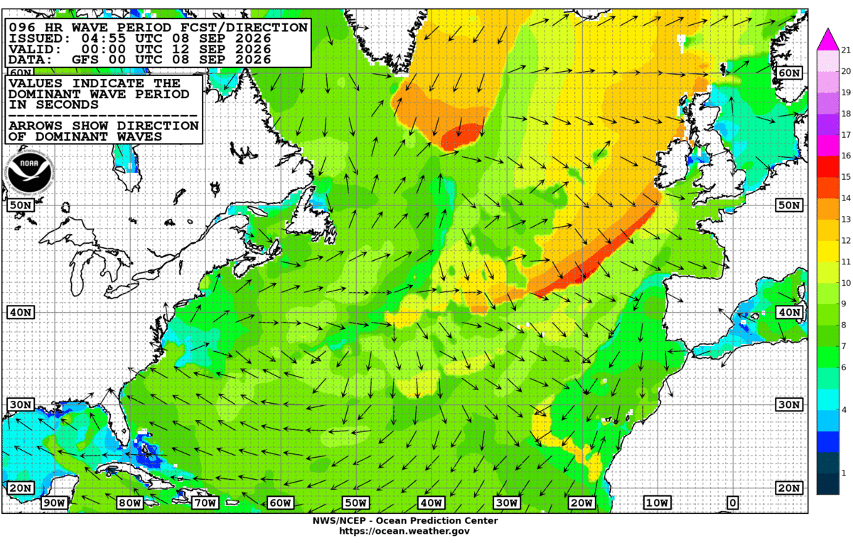 North Atlantic 96 Hour Wave Period Forecast