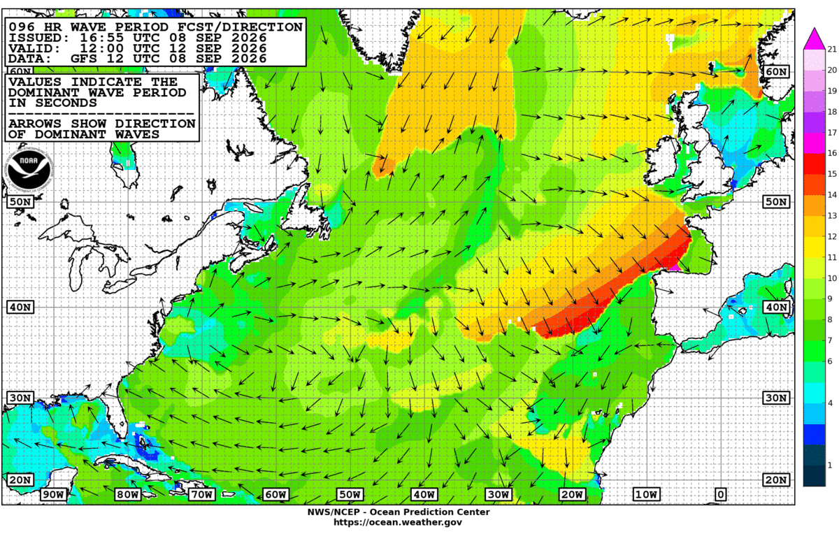 North Atlantic 96 Hour Wave Period Forecast