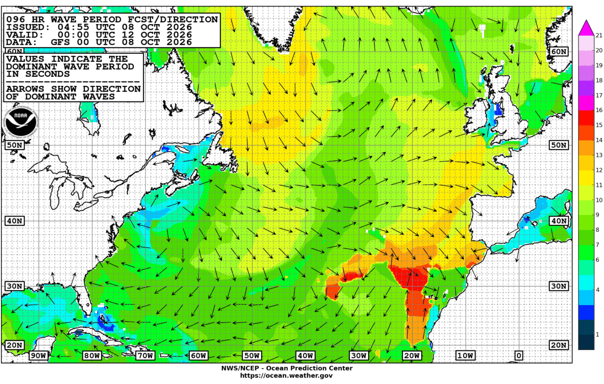 North Atlantic 96 Hour Wave Period Forecast