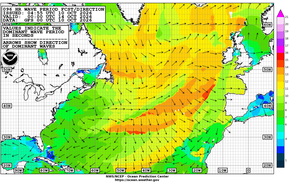North Atlantic 96 Hour Wave Period Forecast