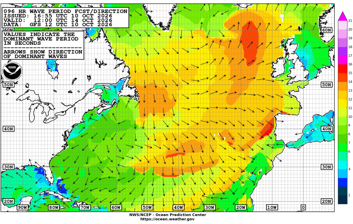 North Atlantic 96 Hour Wave Period Forecast