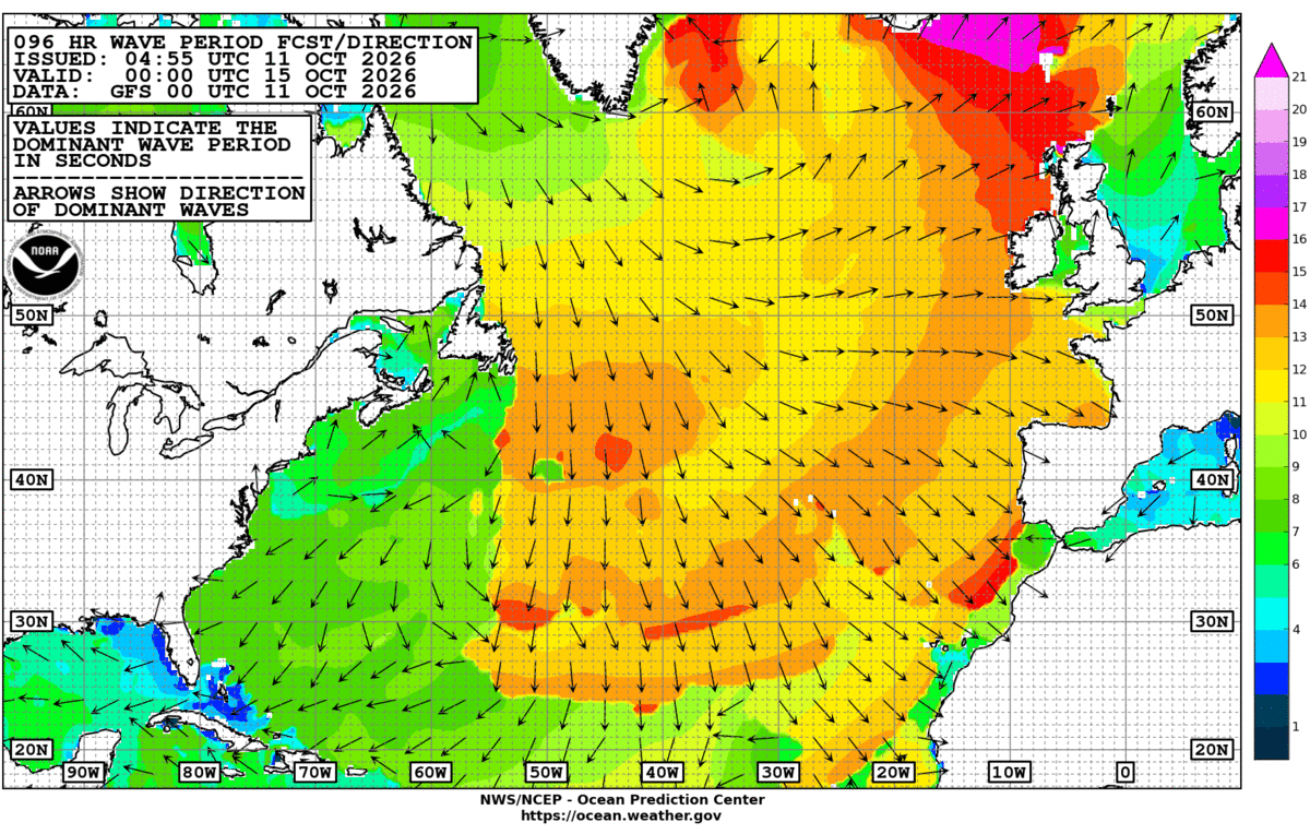 North Atlantic 96 Hour Wave Period Forecast