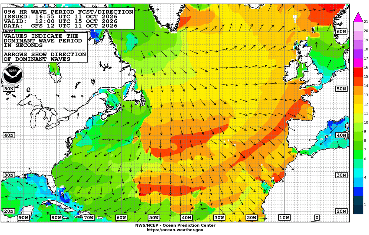 North Atlantic 96 Hour Wave Period Forecast