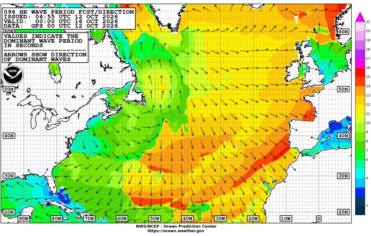 North Atlantic 96 Hour Wave Period Forecast