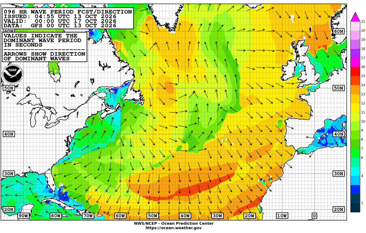 North Atlantic 96 Hour Wave Period Forecast