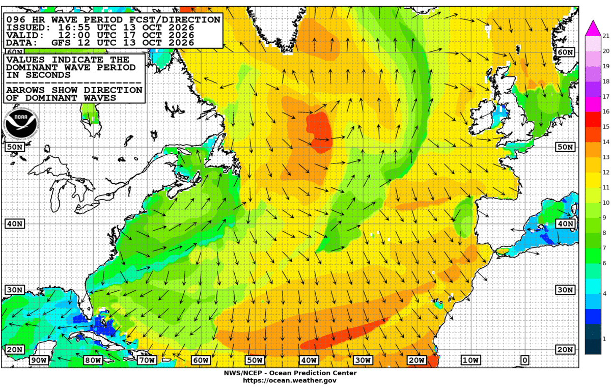 North Atlantic 96 Hour Wave Period Forecast