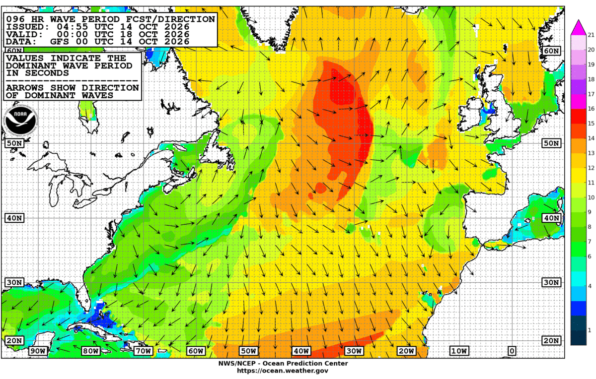 North Atlantic 96 Hour Wave Period Forecast
