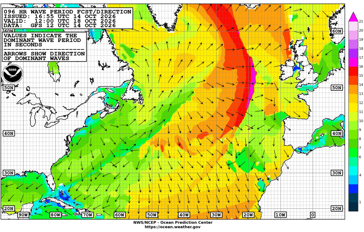 North Atlantic 96 Hour Wave Period Forecast