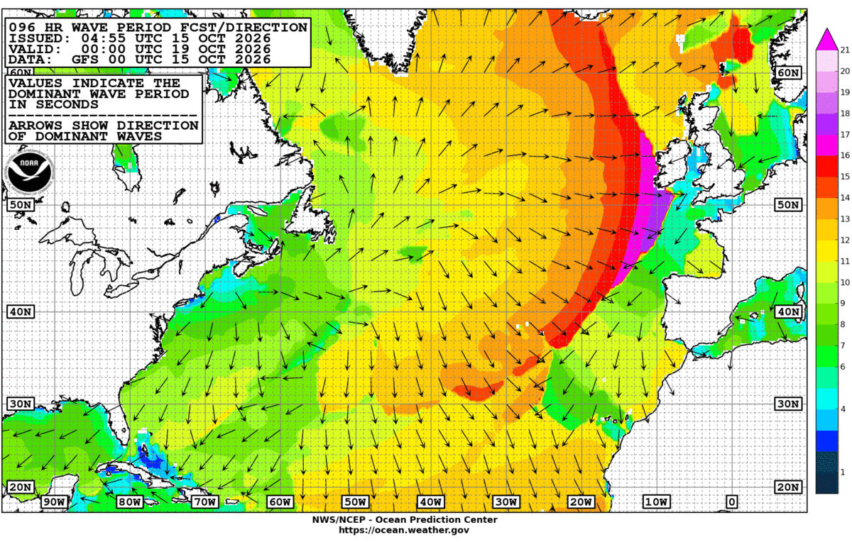 North Atlantic 96 Hour Wave Period Forecast