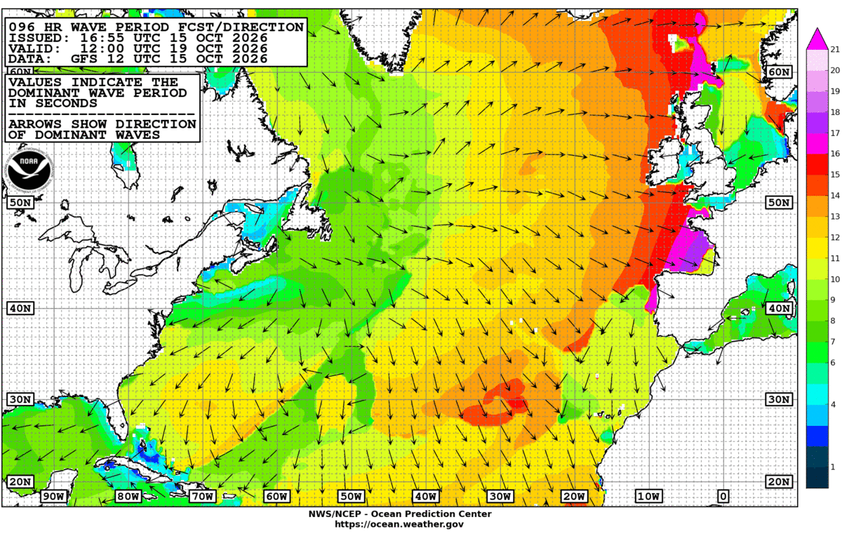 North Atlantic 96 Hour Wave Period Forecast