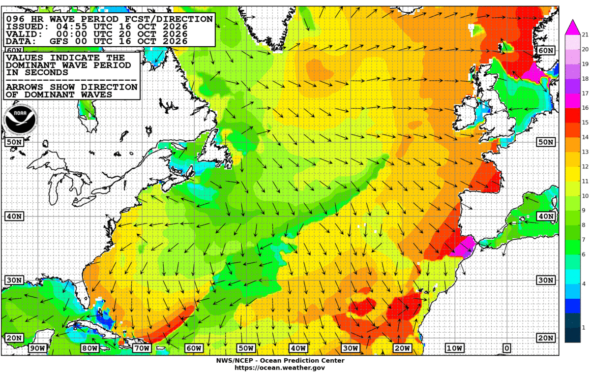 North Atlantic 96 Hour Wave Period Forecast