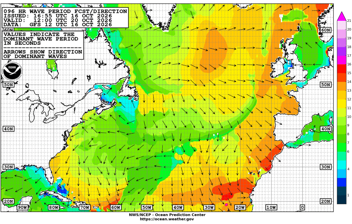 North Atlantic 96 Hour Wave Period Forecast