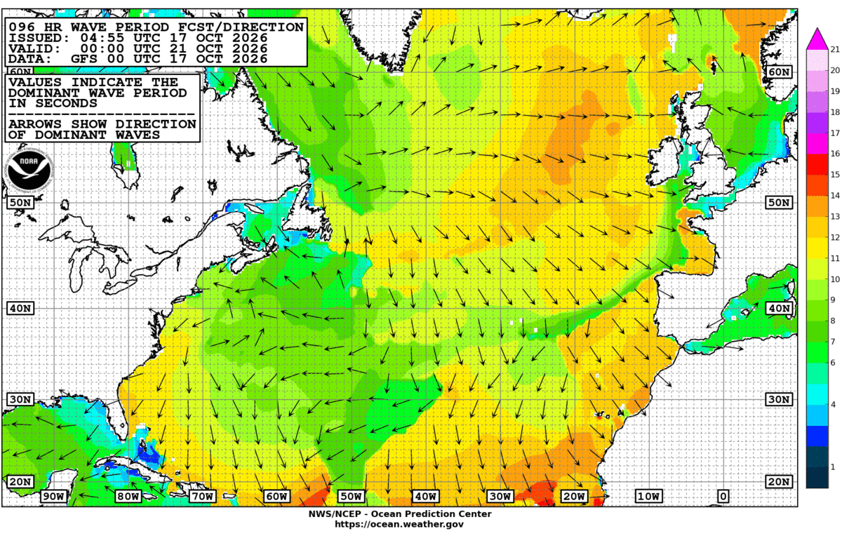 North Atlantic 96 Hour Wave Period Forecast