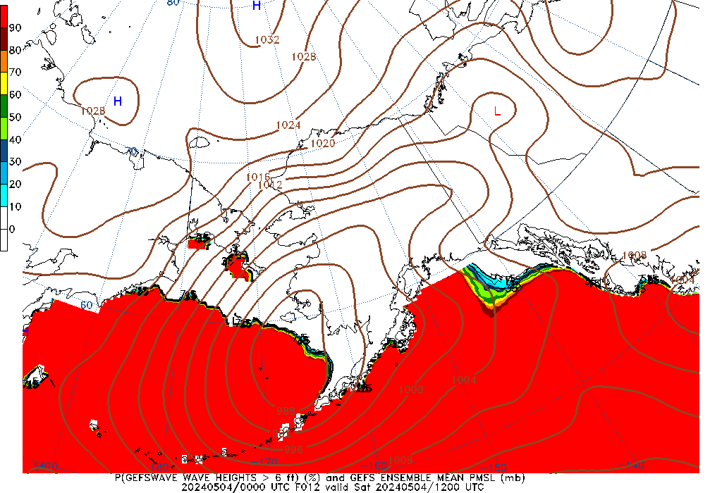GEFSWAVE 012 Hour Wave Height greater than 6ft image