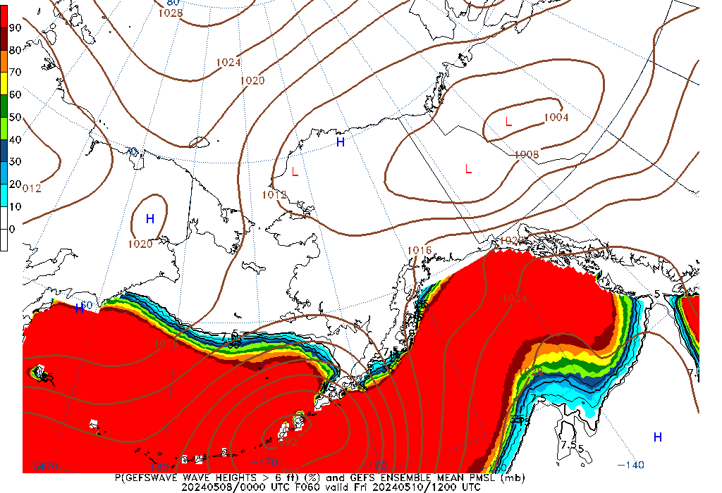 GEFSWAVE 060 Hour Wave Height greater than 6ft image