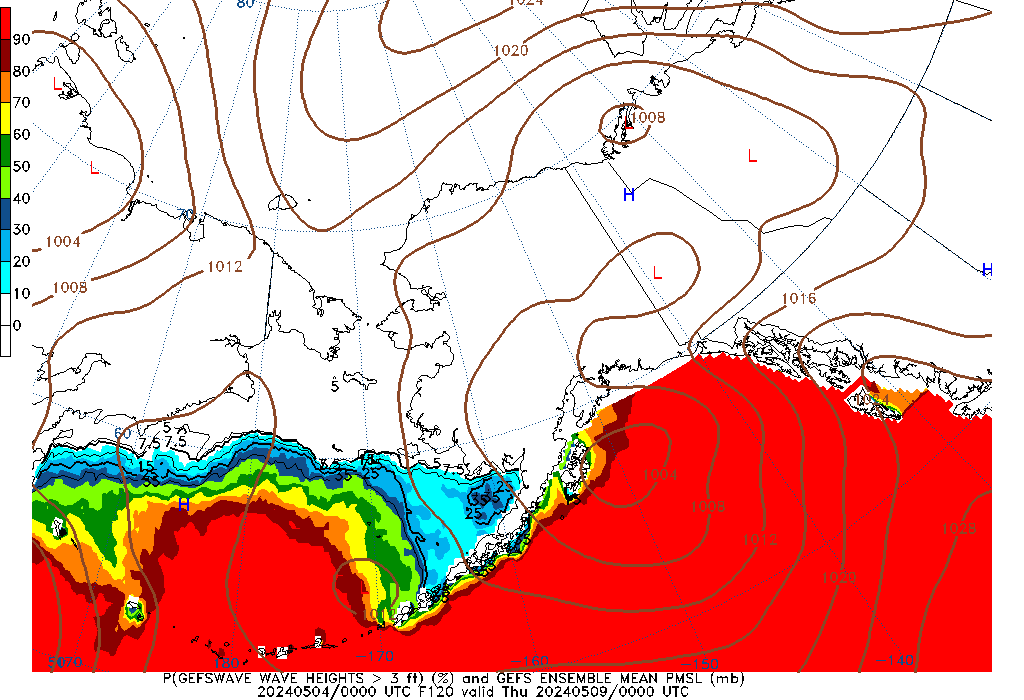 GEFSWAVE 120 Hour Wave Height greater than 3ft image