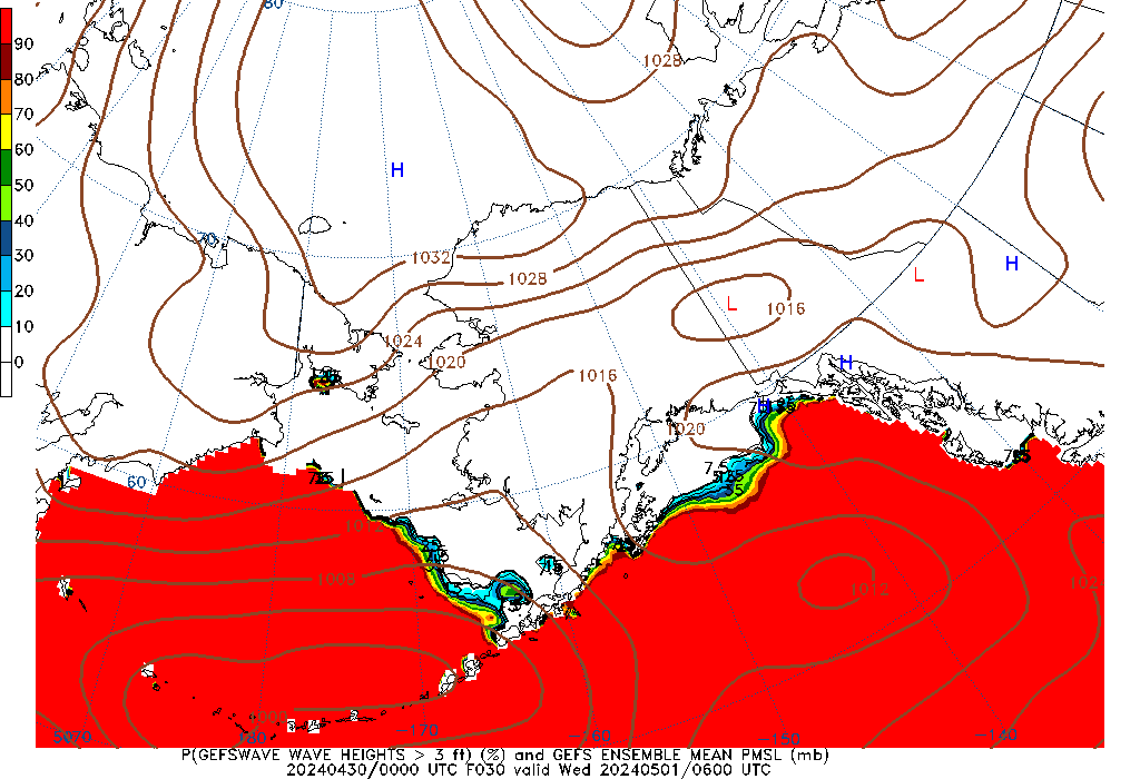 GEFSWAVE 030 Hour Wave Height greater than 3ft image