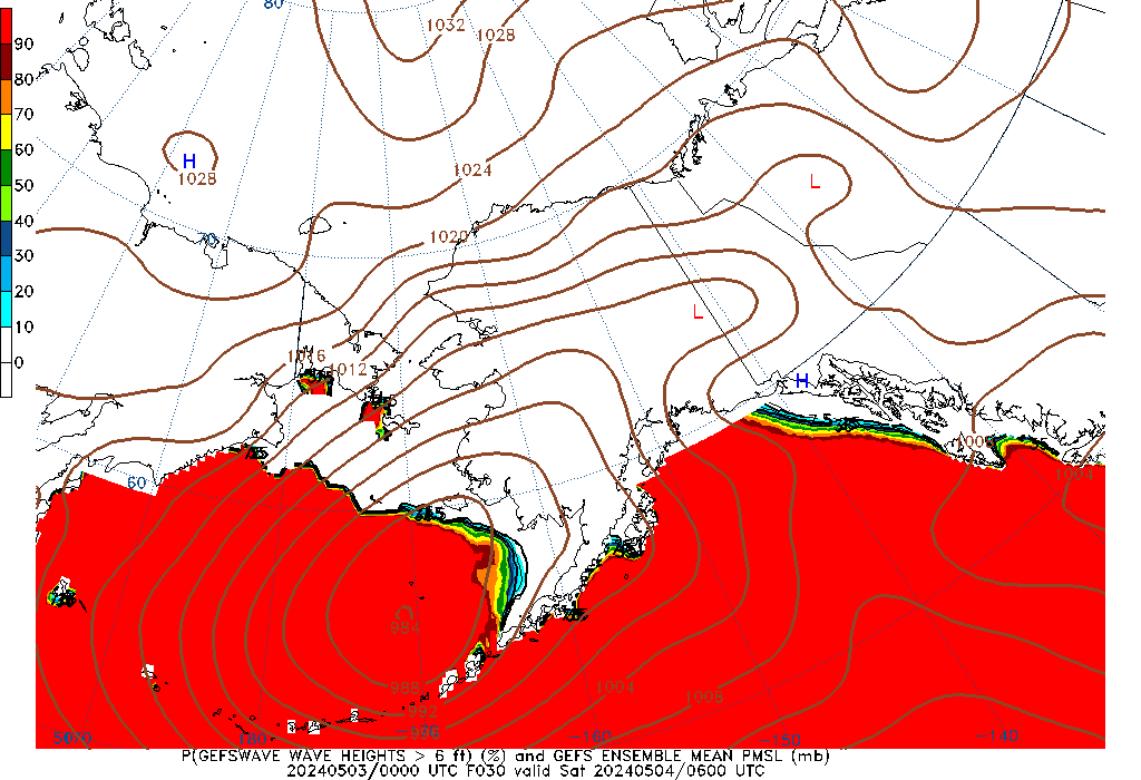 GEFSWAVE 030 Hour Wave Height greater than 6ft image