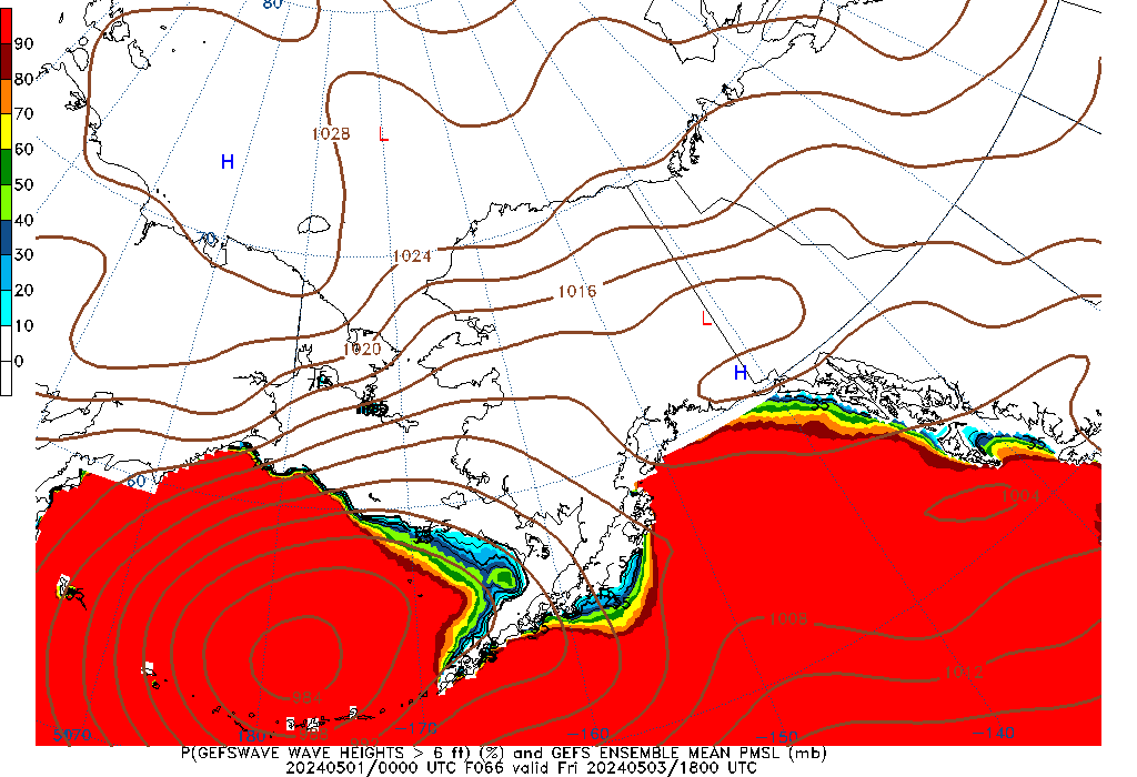 GEFSWAVE 066 Hour Wave Height greater than 6ft image