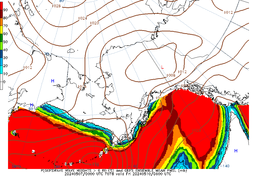 GEFSWAVE 078 Hour Wave Height greater than 6ft image