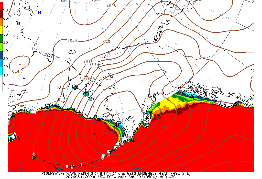 GEFSWAVE 090 Hour Wave Height greater than 6ft image