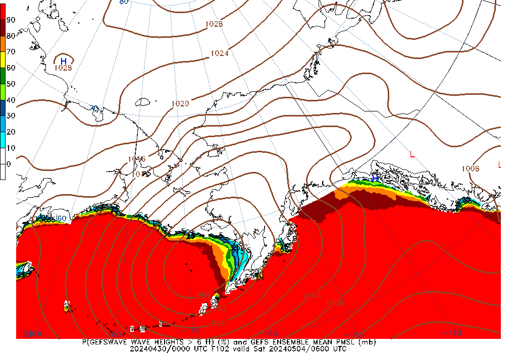 GEFSWAVE 102 Hour Wave Height greater than 6ft image
