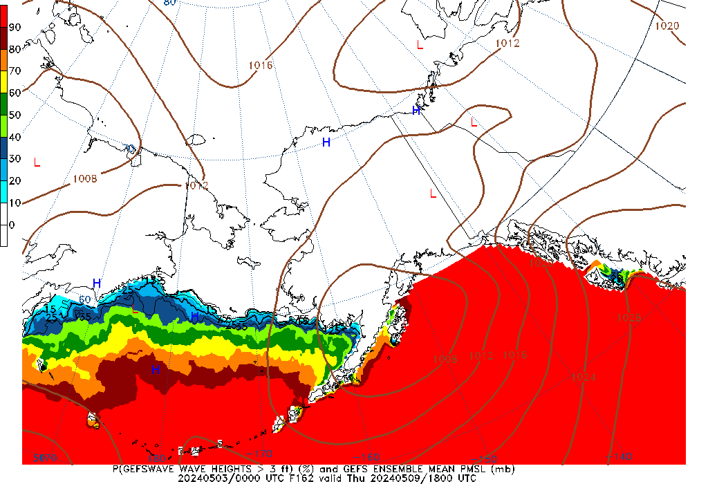 GEFSWAVE 162 Hour Wave Height greater than 3ft image