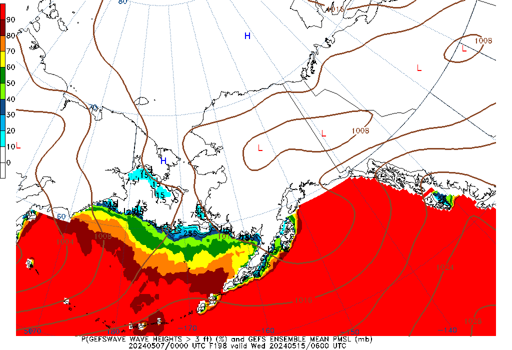 GEFSWAVE 198 Hour Wave Height greater than 3ft image