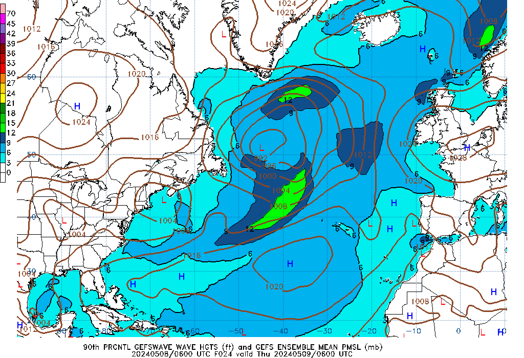 GEFSWAVE 024 Hour Wave Height  90th Percentile image